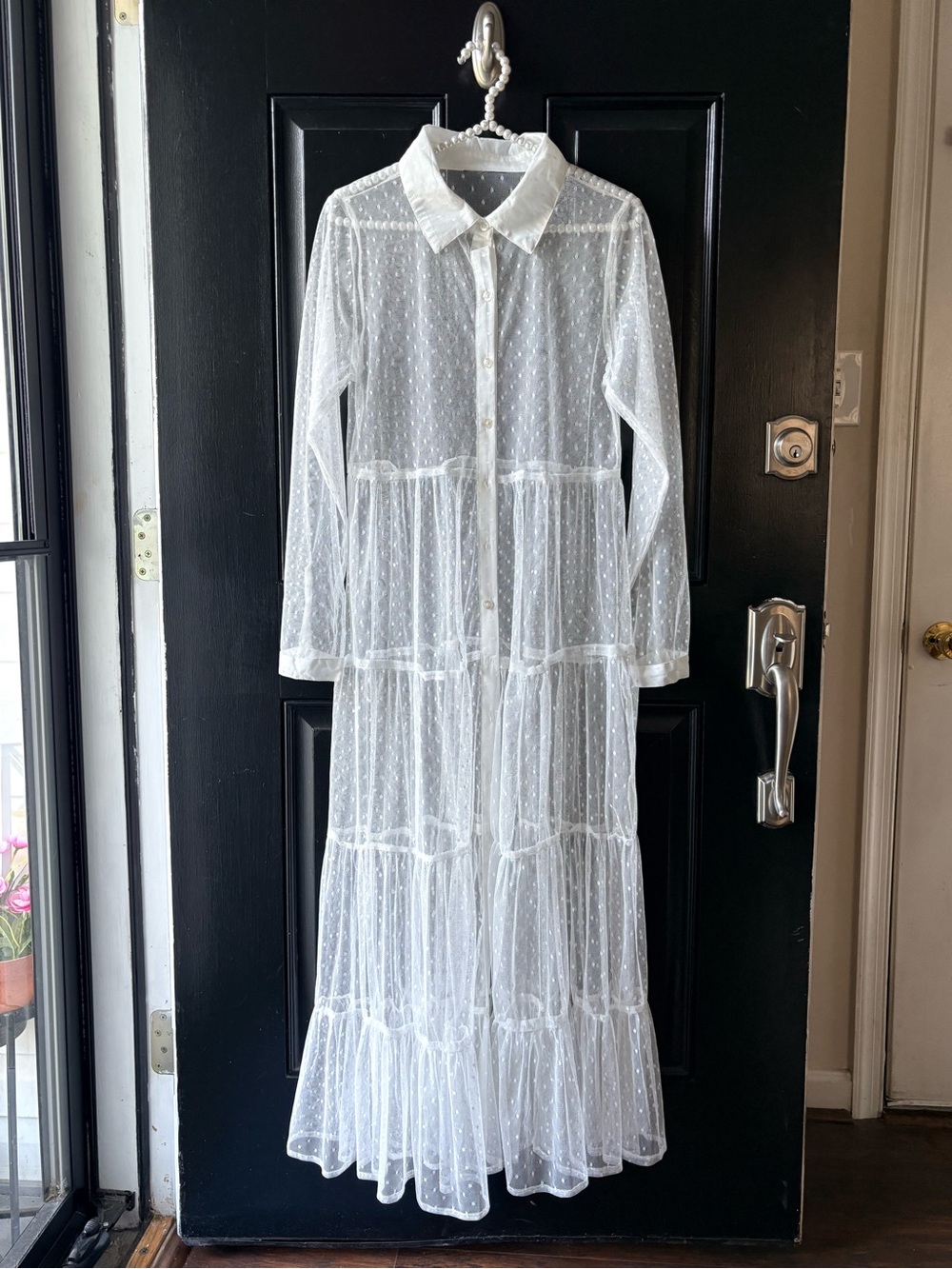 White Sheer Mesh Pin Dot  Button Down Shirt Dress Size S/M